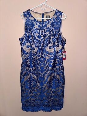 Vince Camuto Sleeveless Bold Blue Lace Overlay Midi Dress NWT size 16